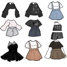 paper doll clothes with different styles and patterns on them, including skirts, tops, shorts and sweaters