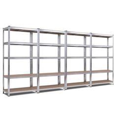 an empty metal shelving unit with wooden shelves