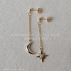 I use stainless steel posts and chain, and gold plated moon and star charms. The long style earring measures about 2 inches long. The short style measures about 1 inch long. Please be aware that monitor settings can differ, and colors may vary slightly! Star And Moon Earrings Dangle, Star And Moon Jewelry, Star Earrings Gold, Coco Calypso, Spider Persona, Cherry Cuddler, Star And Moon Earrings, Crepe Suzette, Ethereal Jewelry