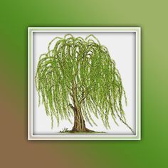 a painting of a willow tree on a green background with white border around the frame