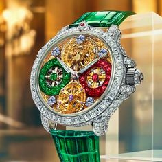 This fourth piece in the Dazzle Time collection features a vibrant, mechanical-inspired design with a strong emphasis on color and complexity. The interplay between the green, red, and gold elements on the watch face contrasts beautifully with the diamond-encrusted bezel and crown. The intricate internal gears and gemstones give the piece an energetic, almost industrial aesthetic, while the emerald green strap complements the vivid palette of the watch face. Welcome to my high-concept art for th Luxury Multicolor Watches With Diamond Hour Markers, Multicolor Formal Watch With Diamond Hour Markers, Multicolor Round Watches As Gifts, Multicolor Round Watches For Gift, Luxury Green Watch Accessories, Elegant Multicolor Watches For Gifts, Formal Green Diamond Watch With Round Dial, Elegant Multicolor Watches As Gifts, Luxury Multicolor Watches For Gifts