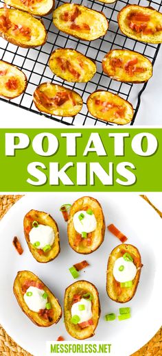 potato skins on a plate with cheese and green onions in the middle, next to other appetizers