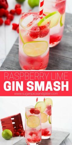 raspberry lime gin smash cocktail in glasses with strawberries and limes