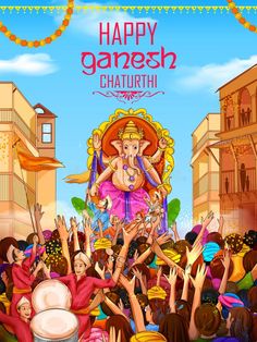 happy ganeshi chaturth greeting card with lots of people