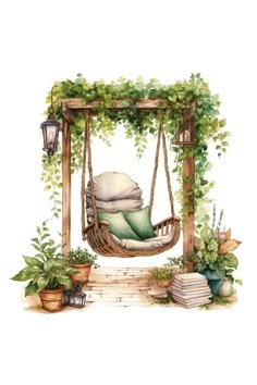 a watercolor painting of a hammock with pillows and plants on the ground