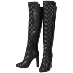 New Roberto Cavalli Textured Black Leather Boots Italian size 37 - US 7 Over-the-knee Style Textured Leather Gold-tone hardware Heel height - 4 inches, Hidden Platform Total Height from the Floor - 24" front, 22" back. Leather Lining, Leather Sole. Zip closure at Side. Made in Italy Retail $2200.00 New with box. Luxury Leather Sole Cap Toe Moto Boots, Luxury High-top Lace-up Boots With Stitched Sole, Luxury Leather Heeled Boots With Vibram Sole, Designer Suede Boots Luxury, Luxury High-top Lace-up Boots With Contrast Sole, Luxury Black Heeled Boots With Snip Toe, Luxury Leather Closed Toe Moto Boots, Luxury Plain Toe Moto Boots For Winter, Luxury Designer Calf Leather Lace-up Shoes