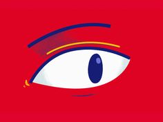 an eye with blue and yellow lines on it's irise, in front of a red background