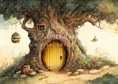 a painting of a tree house with a yellow door and honeycombs hanging from it's branches