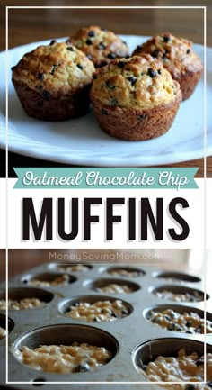 some muffins are sitting on a plate next to a muffin pan with other muffins in it