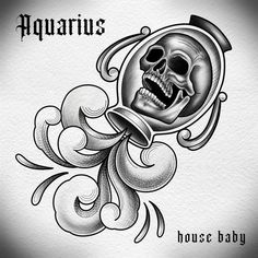 a skull with a bell on it's head and the words aquarius above it