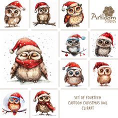 six watercolor christmas owls with santa hats and scarfs, set of fourteen cartoon christmas owl clipart