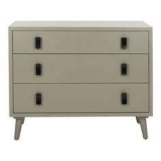 a white chest of drawers with black handles