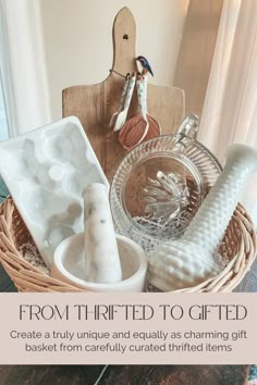 a basket filled with different items sitting on top of a table