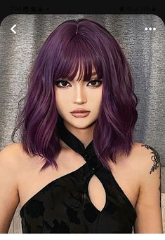 Purple Hair With Bangs, Asian Gifts, Asymmetrical Haircut, Bangs Wig, Remy Hair Wigs, Purple Collar, Hairstyles For Medium Length Hair Easy, Medium Short Hair, Short Curly Wigs