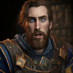 a close up of a person with blue eyes and a beard in a video game