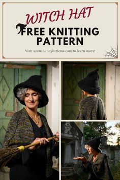 a woman wearing a witches hat and holding a broom in her hand with the caption witch hat free knitting pattern