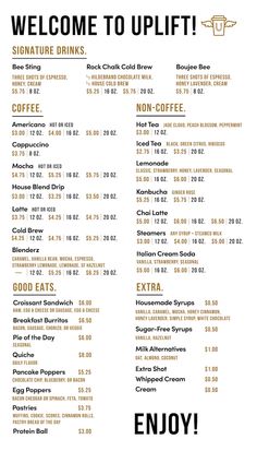 a menu for a coffee shop with prices on it