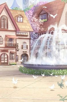 an animated image of a water fountain in front of a house with birds flying around