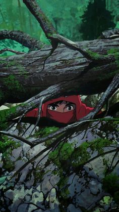 a person in a red hoodie is peeking out from behind a fallen tree