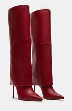 A stiletto heel and pointy toe heighten the bold glamour of a knee-high boot shaped from smooth leather. 4 1/4" heel 16" shaft; 15 1/4" calf circumference Pull-on style Leather upper/textile and synthetic lining/synthetic sole Imported Red Knee High Boots, Red Leather Boots, Girl Boots, Crystal Belt, The Smith, Leather Wear, Knee Boot, Girly Shoes, Red Boots