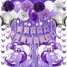 a purple and white birthday card with balloons