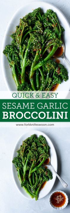 broccoli on a white plate with sauce and easy sesame garlic broccoli