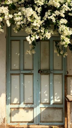 white flowers are growing on the side of a building with an open door and bench