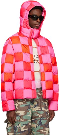 Pink & Red Gradient Checker Hooded Puffer Coat by ERL on Sale Cropped Puffer Jacket Outfit, Coat Check, Crochet Hood, Satin Coat, Red Gradient, Boutique Ideas, Conceptual Fashion, Winter Closet, Winter Styles