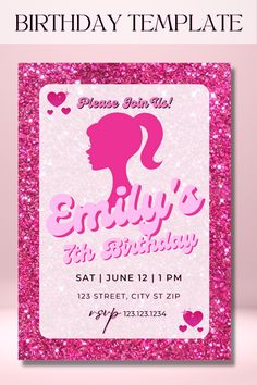 a birthday party flyer with pink glitter and a silhouette of a woman's head