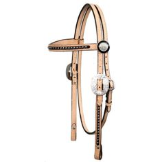 a brown bridle with white and black beads on the end, and a silver buckle