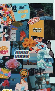 a collage of photos with the words good vibes on them