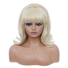 a blonde wig with bangs and blue eyes