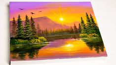 a painting of a beautiful sunset over a lake