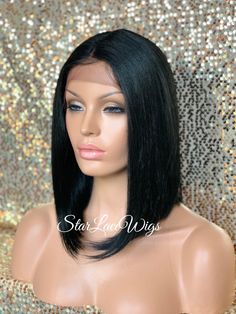 Type of Hair:  Synthetic Hair Texture:   Straight Hair Length:   Long Bob Hair Color:   Available in #1, #1b & #2 Cap Style:   Lace Front Wig with adjustable straps & combs - (cap stretches)  Heat Safe:   Heat resistant up to 350 degrees Part:  Fixed Middle Part      HEAT SAFE The synthetic and human hair blend wigs in the store are heat safe and can be curled and flat ironed.  Please note that it is recommended that the heat settings be low (340 to 350 degrees).  Flexi-rods and/or rollers can a Long Bob Hair Color, Long Bob Hair, Style Lace Front Wig, Bob Straight, Wig Bob, Bob Hair Color, Black Bob, Long Bob Hairstyles, Middle Part