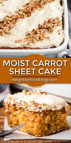 carrot sheet cake with cream cheese frosting on top