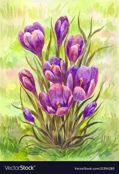 watercolor painting of purple flowers on green grass