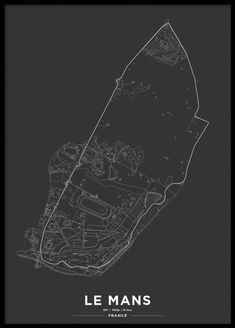 the map of le mans, france in black and white on a dark grey background