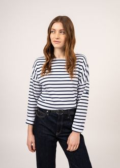 Elevate your French-girl game with this latest addition to our authentic Breton shirt collection! Tailored from our all-time best-seller shirt, MINQUIERS MODERNE, the MINQUIERS DROP features a more relaxed silouhette with dropped shoulders while maintaining the boyfriend fit and comfortable cotton we love. Made in Saint-James, Normandy, France. 100% lightweight cotton jersey. Breton Shirt, Breton Stripe Shirt, Sailor Shirt, Sailor Stripes, Normandy France, Saint James, Games For Girls, French Girl, Shirt Collection