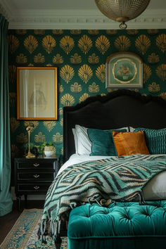 a bedroom with green and gold wallpaper, a black headboard, an upholstered bed, and a blue ottoman