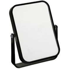 a black and white mirror on a stand