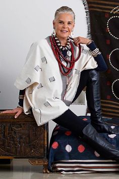 ibu Ambassador Ali MacGraw wearing her Ali tunic from Nagaland, India