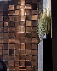 a woman sitting in front of a wall with brown squares on it and a plant