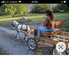 a woman riding in a horse drawn carriage down a dirt road next to a field