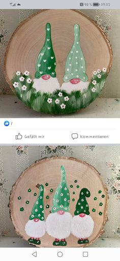 two pictures of green gnomes painted on wood slices with flowers and grass in the background