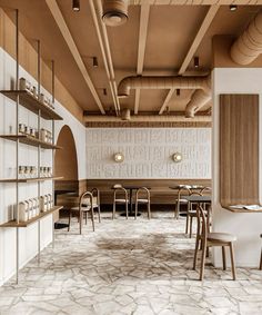 an empty restaurant with tables and chairs in front of the counter, along with shelves filled with bottles