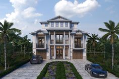 two cars are parked in front of a large house with palm trees on the other side