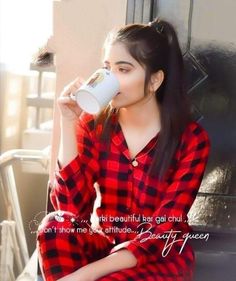 a woman in red and black pajamas drinking from a cup with the caption that reads, don't show me how difficult this attitude is