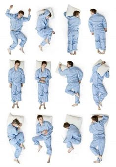 multiple images of a man in pajamas sleeping on a pillow with his arms and legs spread out