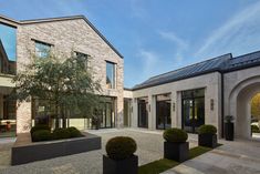 an outdoor courtyard with potted plants and trees