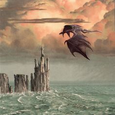 a painting of a dragon flying over a castle in the ocean with clouds above it